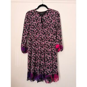 Adele Fado Italy Silk Floral Dress Pink Purple Frayed Trim Long Sleeve Size 40